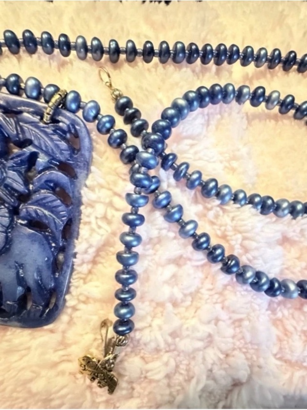 Carved Denim Lapis Elephant Pendant On Dyed Blue Genuine Pearl Necklace